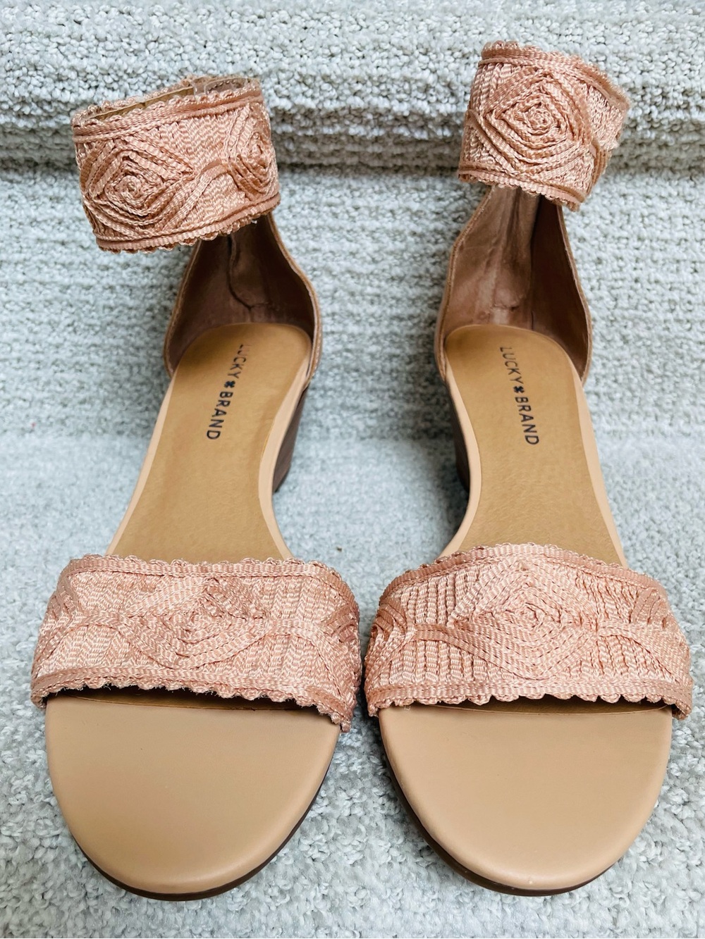 Lucky Brand Joshelle Rose Gold Crochet Leather Wedge Heel Ankle Strap Sandals